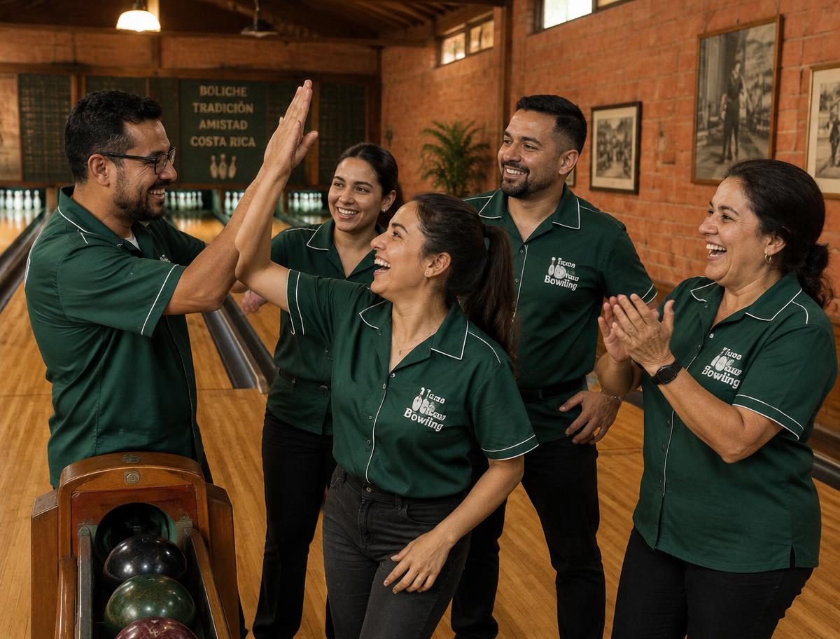 Equipo de liga de bolos celebrando en el boliche